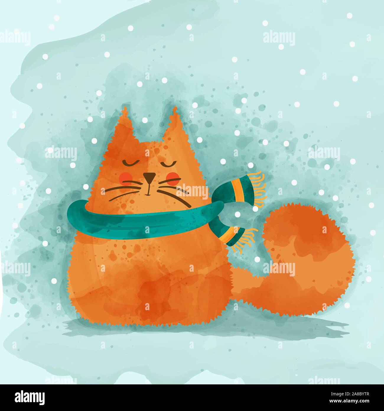 Cute watercolor cat in winter. Christmas card. Vector Stock Vector