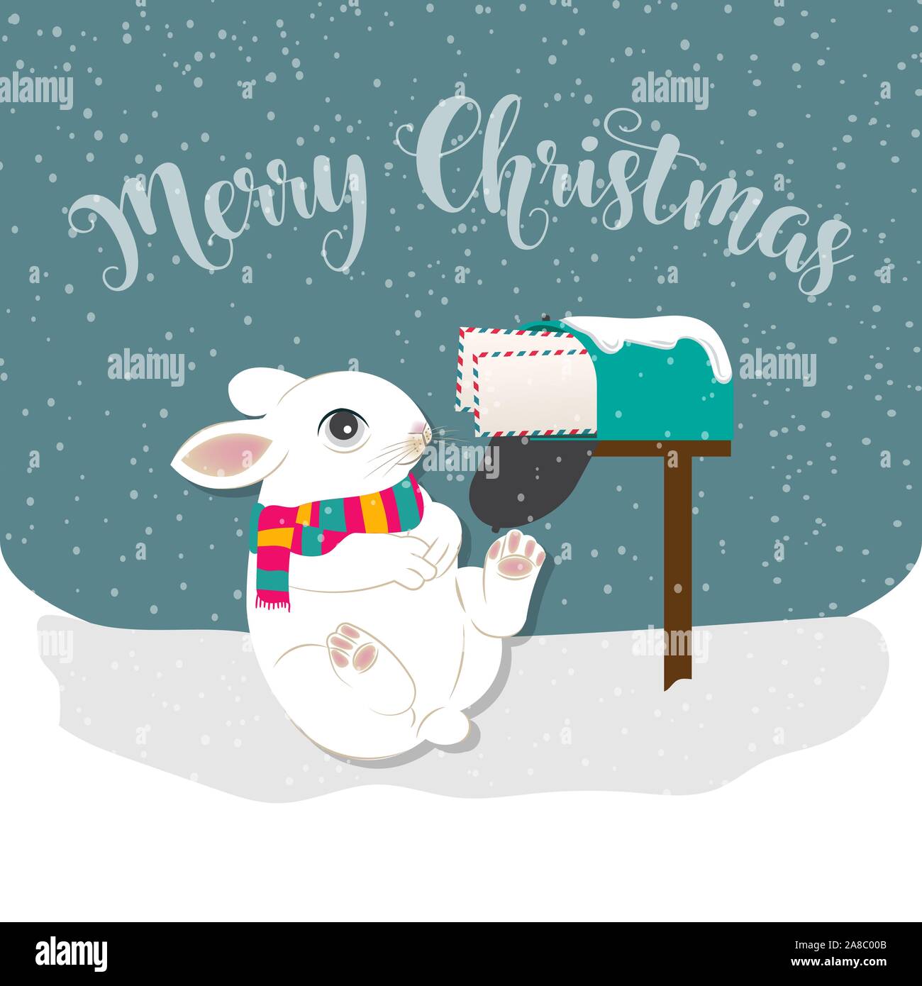 Christmas card with rabbit, Christmas background. Flat design. Vector Stock Vector