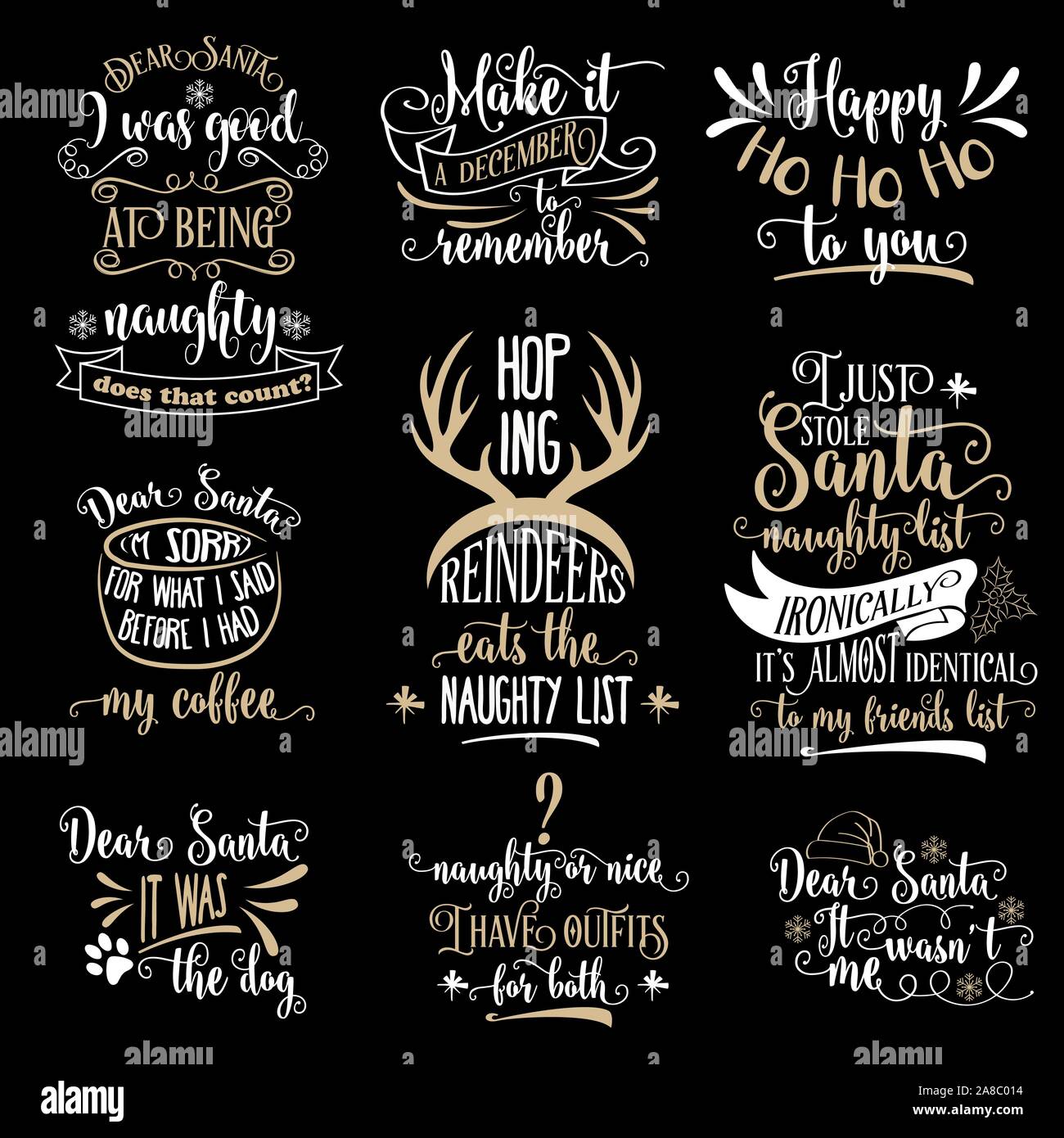 Funny Christmas quotes collection isolated on black. Vector Stock Vector  Image & Art - Alamy