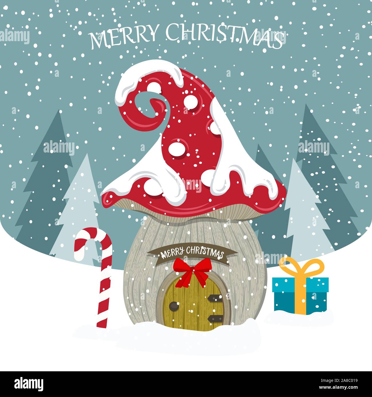 Beautiful flat design  with fairy house. Christmas card . Christmas poster. Vector Stock Vector