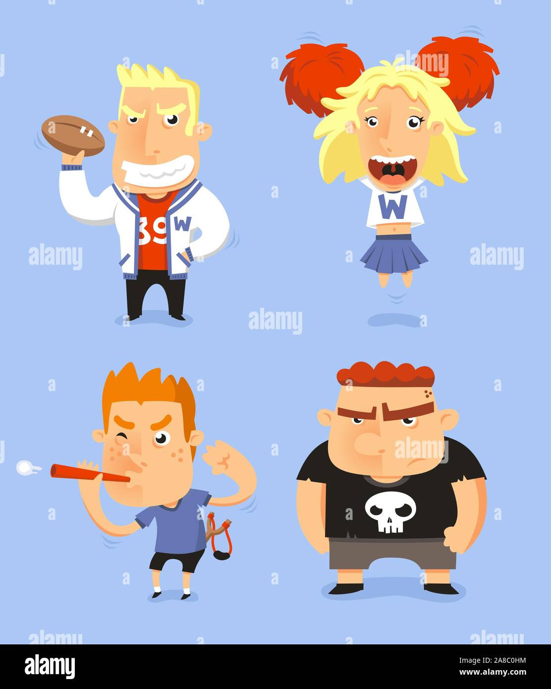 School Teen Adolescents Characters vector illustration, with jocks, cheerio, nerd and bully vector illustration. Stock Vector