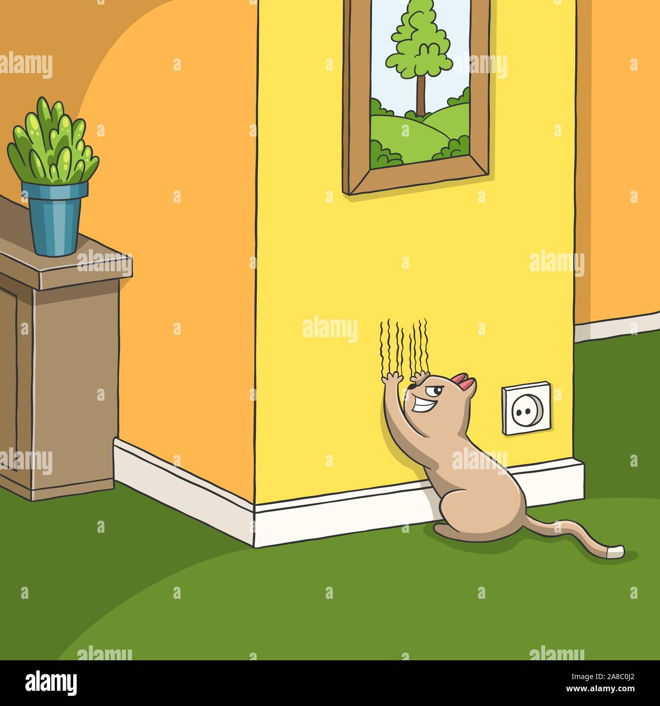 Cat scratches the wall. Hand drawn vector illustration with separate layers. Stock Vector