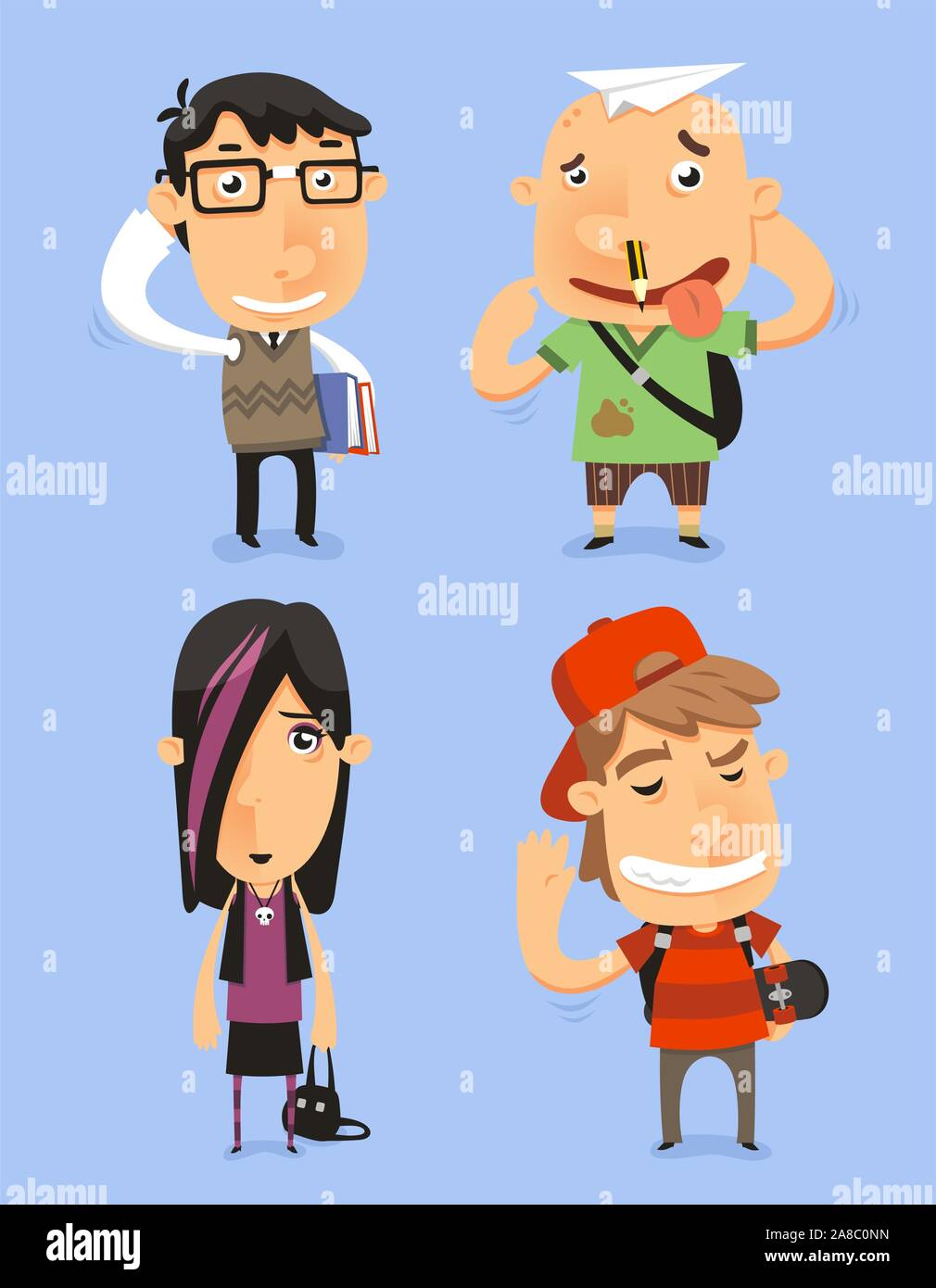 School Teen Adolescents Characters vector illustration. With nerd kid, dumb kid, emo kid, cool kid. Vector illustration. Stock Vector