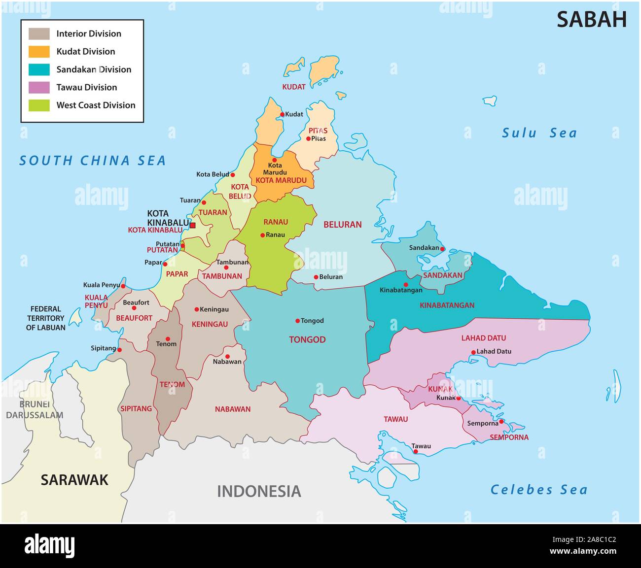 administrative and political map of the malayan state sabah Stock Vector