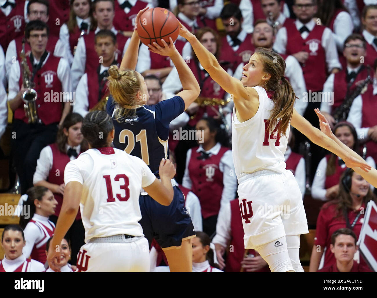 Bloomington, United States. 07th Nov, 2019. Indiana Hoosiers Ali Patberg (14) plays against Mt. St. Mary's Kayla Agentowicz (21) during the NCAA Women's College Basketball game at Simon Skjodt Assembly Hall in Bloomington. (Final Score; Indiana University 75:52 Mt. St. Mary's) Credit: SOPA Images Limited/Alamy Live News Stock Photo