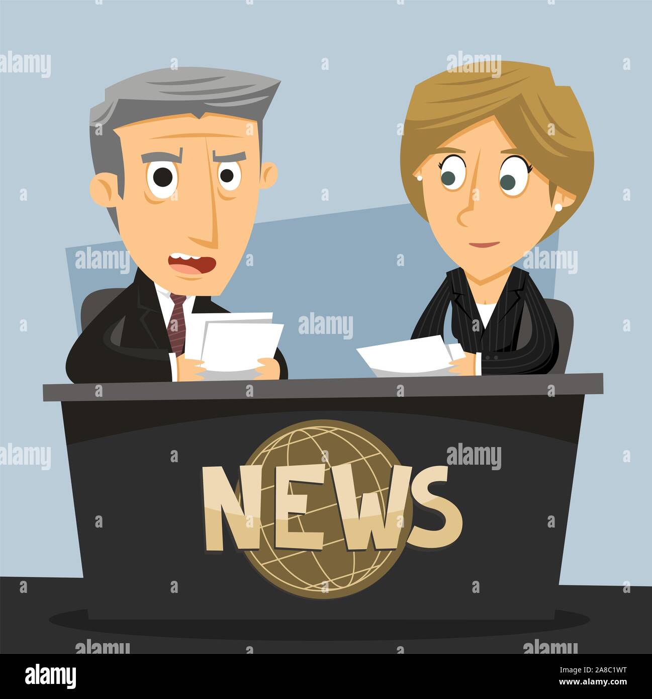 News Anchor Journalist Anchorwoman and Anchorman TV News Broadcast, vector illustration cartoon
