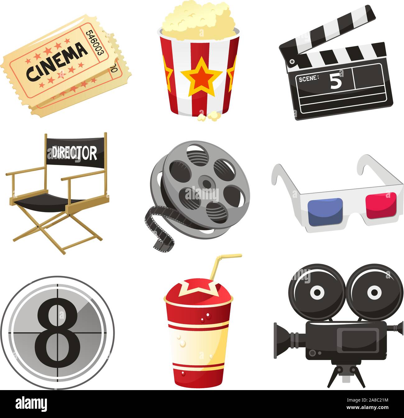 Cinema movie theater vector objects icon set vector illustration. Stock Vector