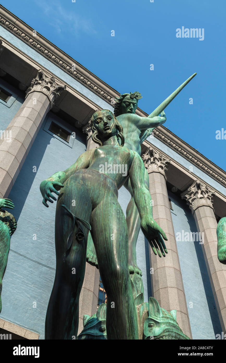Stockholm art, view of the Orpheus fountain (Carl Milles 1936) sited in front of the Stockholm Concert Hall building in Hötorget square, Sweden. Stock Photo