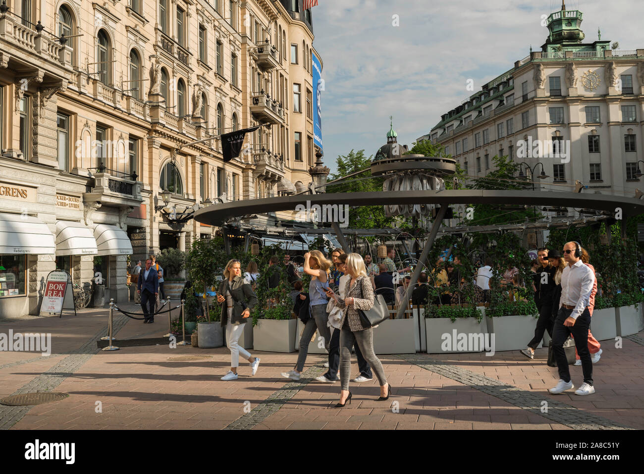 Ostermalm Stockholm, view in summer of a group of young women walking through the fashionable Stureplan area of Stockholm city center, Sweden. Stock Photo