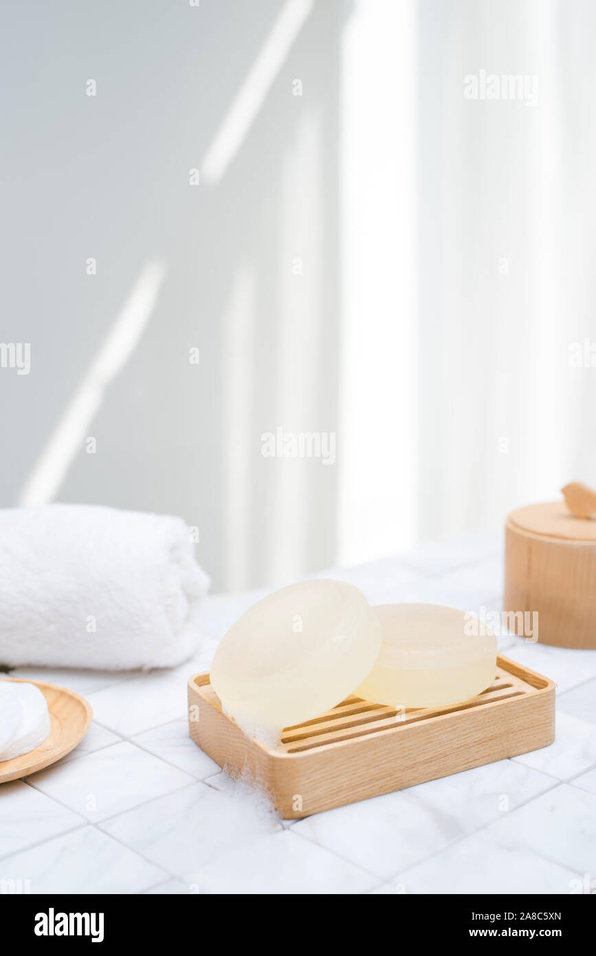 Natural soap and cotton bath for spa treatment. Beauty concept. Stock Photo
