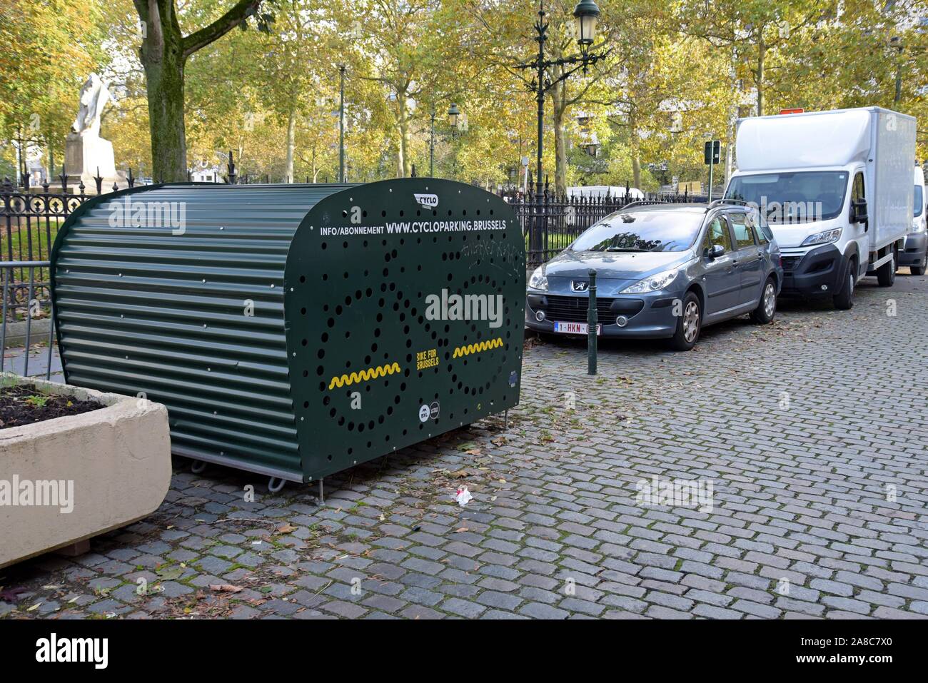 A secure bicycle parking locker operated by cycloparking Brussels in Place Jean Jacobs, Brussels, Belgium Stock Photo
