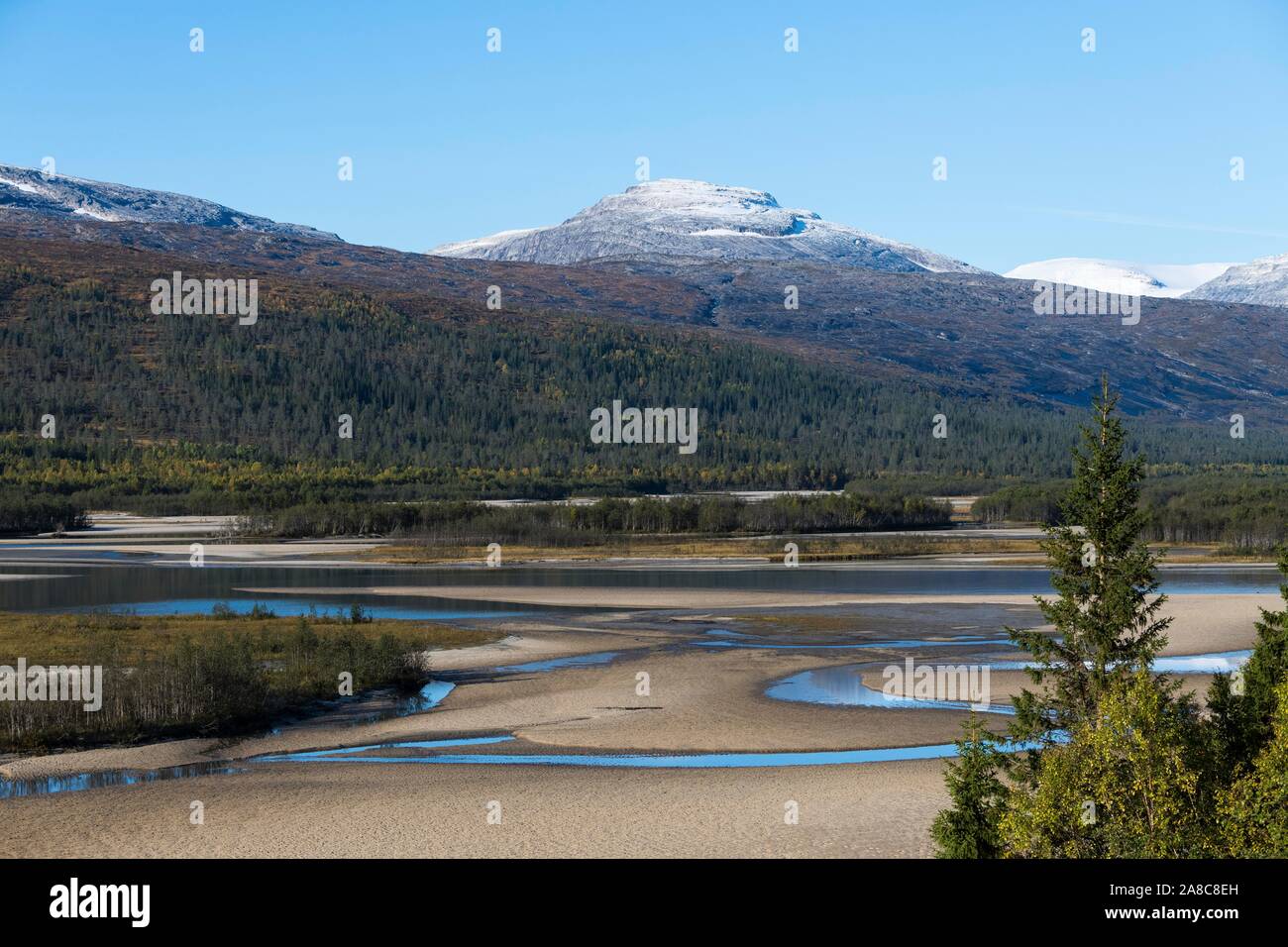 Wide river course of the Glomaga, near Mo i Rana, Nordland, Norway Stock Photo