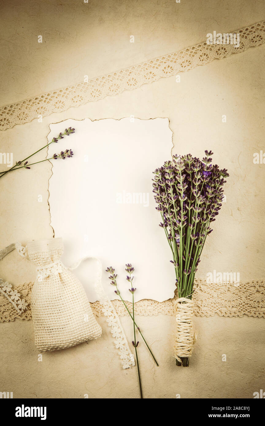 Top view of white empty sheet of paper with burned edges and surrounded by fresh lavender branches and scented dry lavender bag sachet on old beige pa Stock Photo