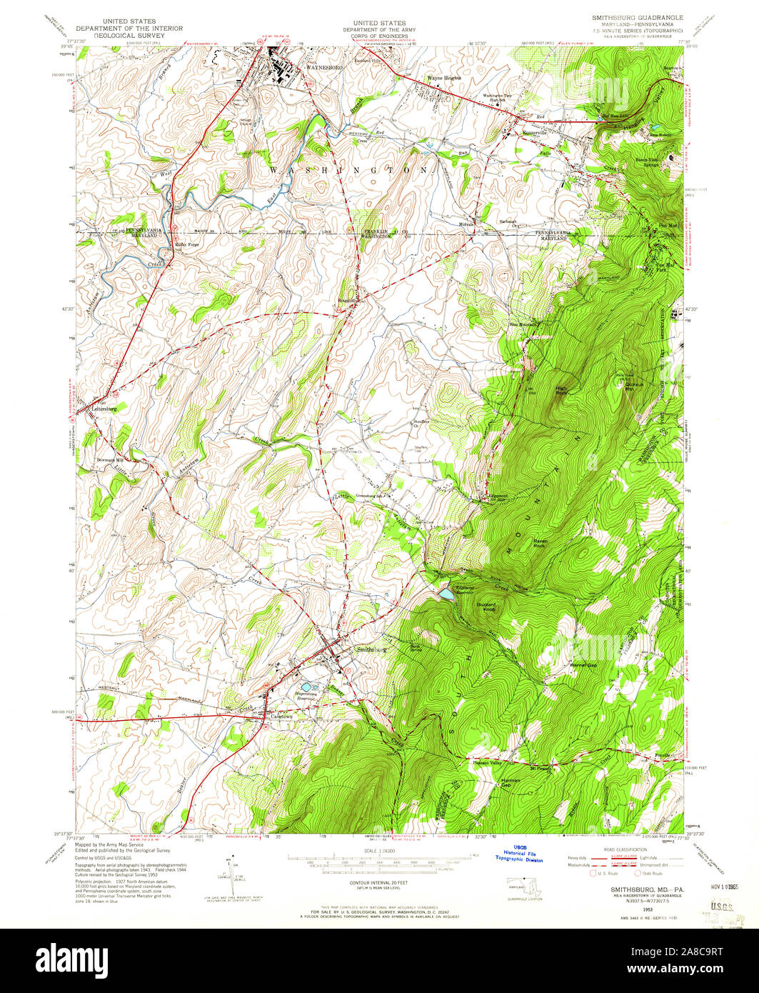 USGS TOPO Map Maryland MD Smithsburg 256855 1953 24000 Stock Photo
