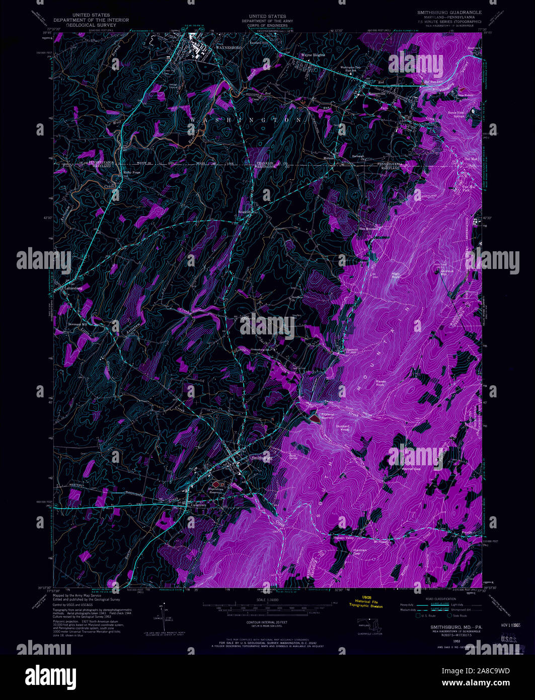 USGS TOPO Map Maryland MD Smithsburg 256855 1953 24000 Inverted Stock Photo