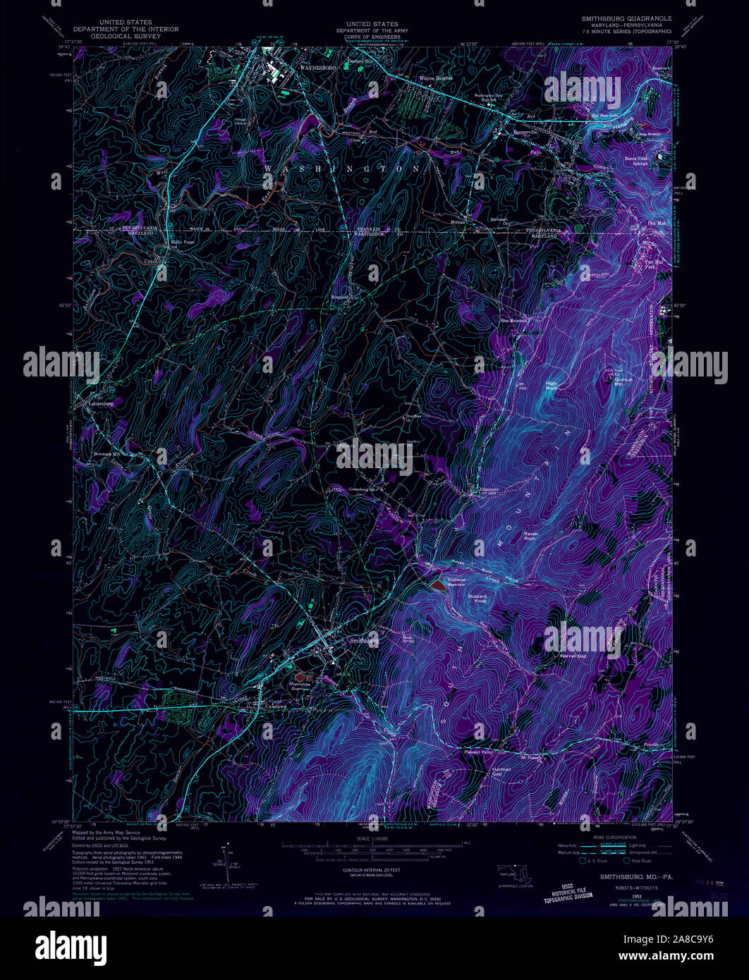 USGS TOPO Map Maryland MD Smithsburg 256857 1953 24000 Inverted Stock Photo