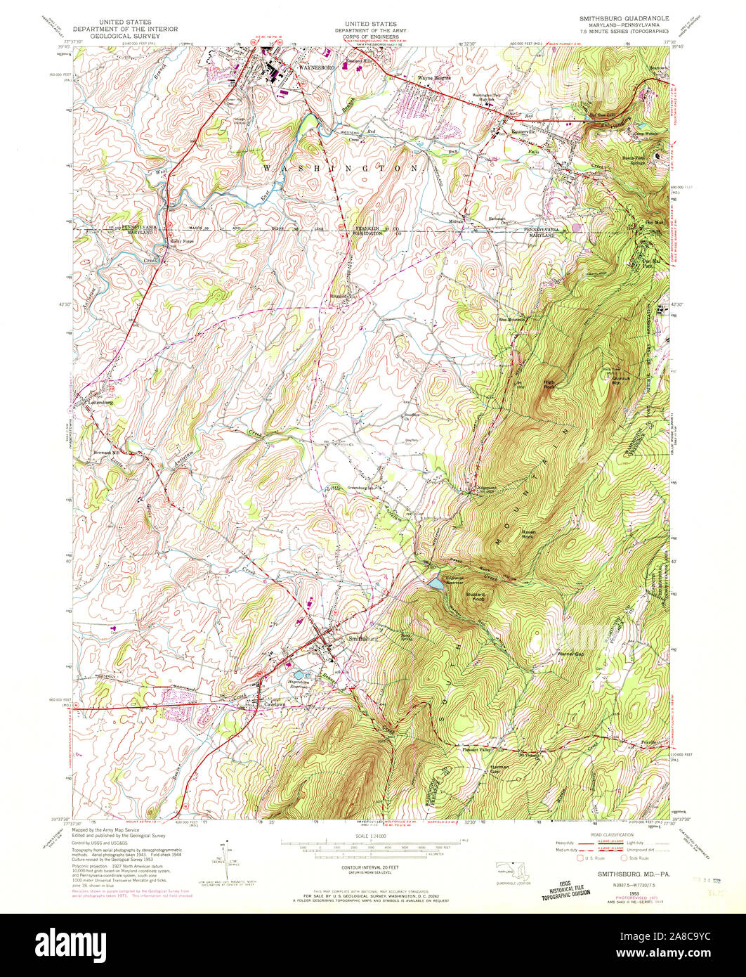 USGS TOPO Map Maryland MD Smithsburg 256857 1953 24000 Stock Photo