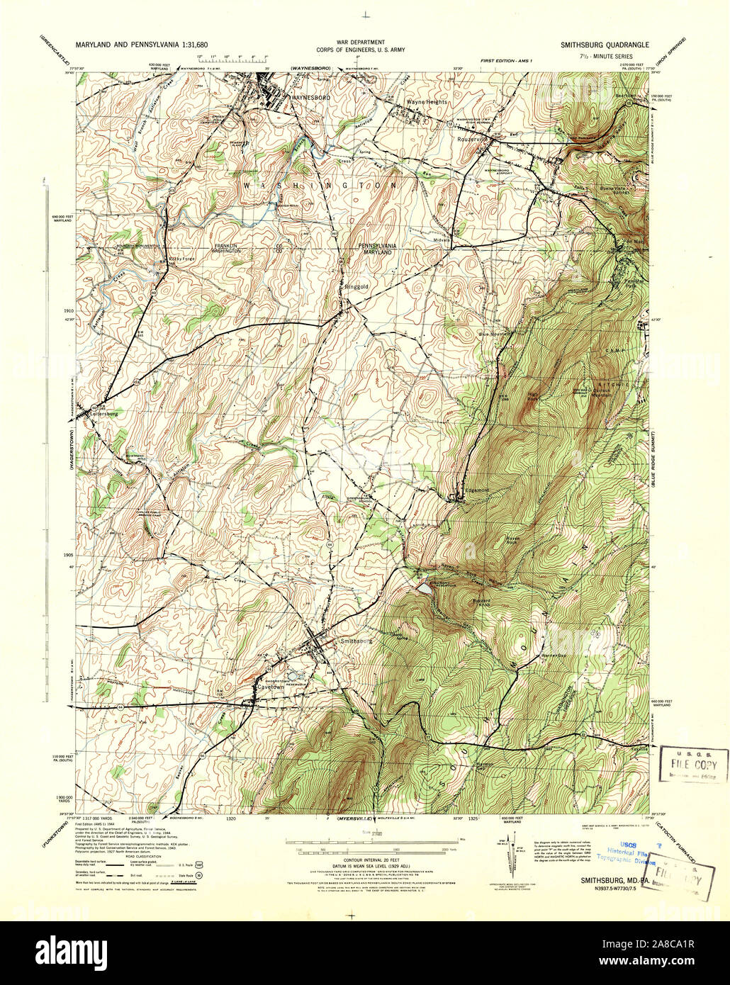 USGS TOPO Map Maryland MD Smithsburg 257211 1944 31680 Stock Photo