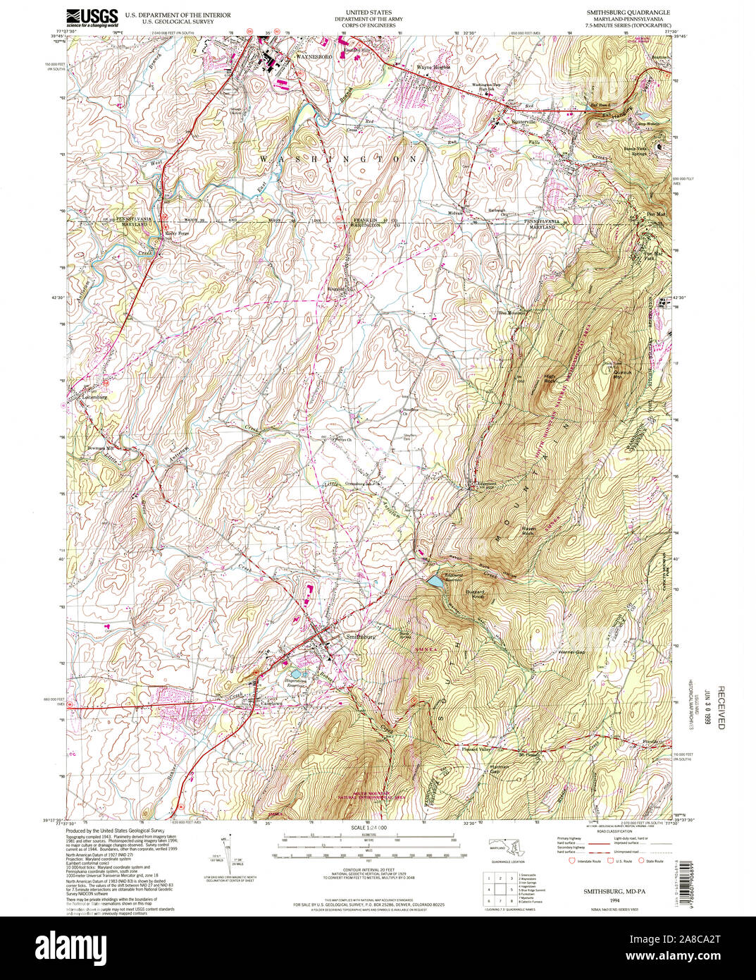 USGS TOPO Map Maryland MD Smithsburg 256859 1994 24000 Stock Photo