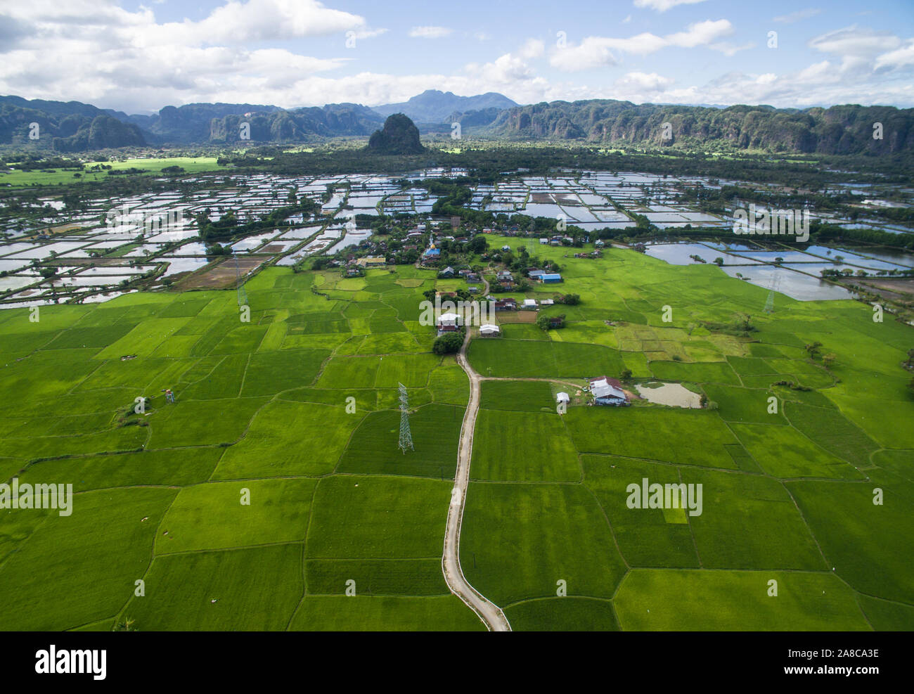 Rammang Rammang and the Rice field in the foreground in Maros - South Sulawesi Indonesia. Stock Photo