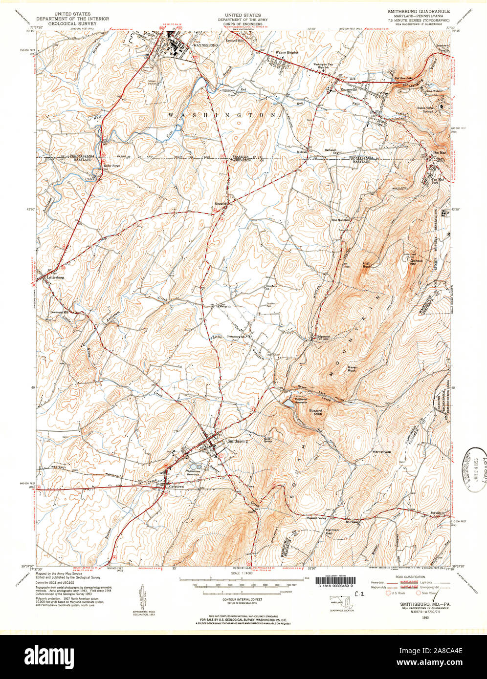 USGS TOPO Map Maryland MD Smithsburg 461496 1953 24000 Stock Photo