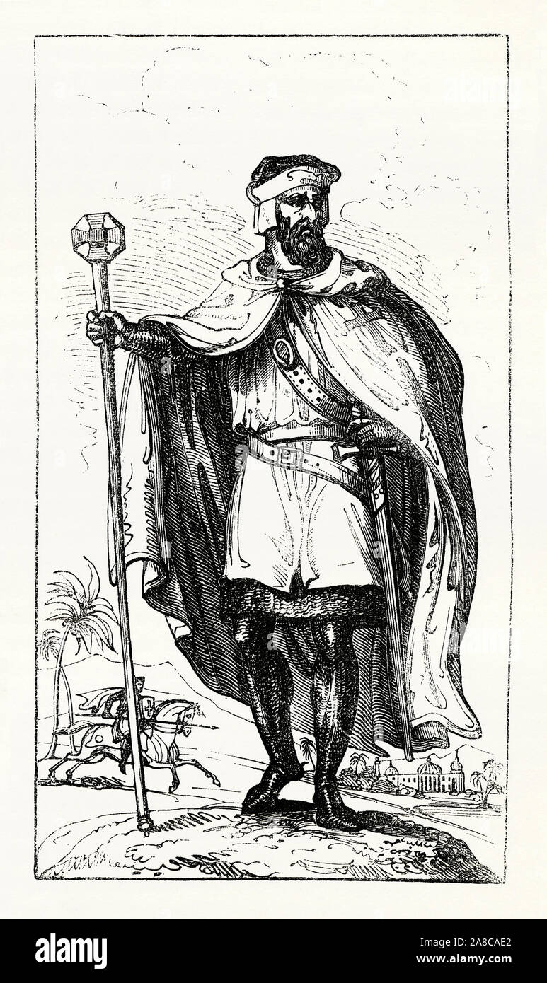 An old engraving a member of the Knights Templar c. 1200. Templar knights wore white mantles and robes and wore and carried the distinctive red cross. They were among the most skilled fighting units of the Crusades. Stock Photo