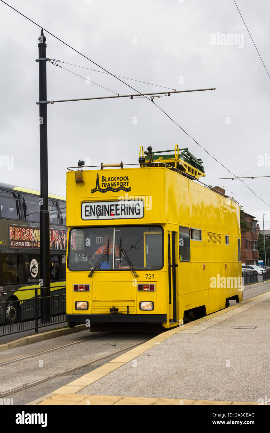 Blackpool tramway engineering tram No. 754 at Fleetwood Ferry tram stop, the northern terminus of the 11mile (17.7km) Blackpool  to Fleetwood line Stock Photo