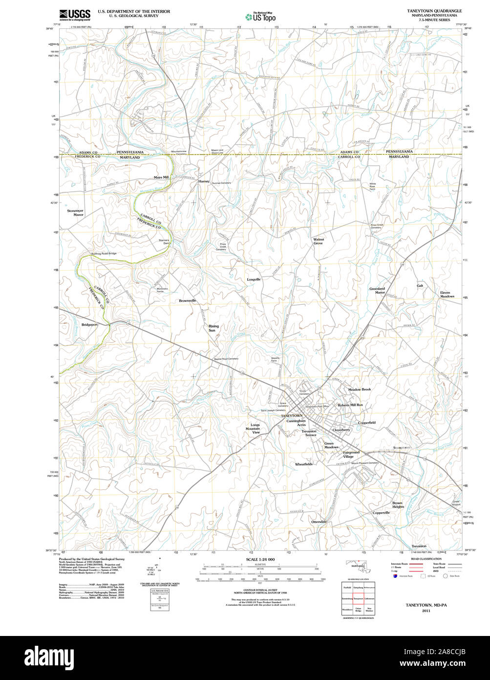 USGS TOPO Map Maryland MD Taneytown 20110706 TM Stock Photo