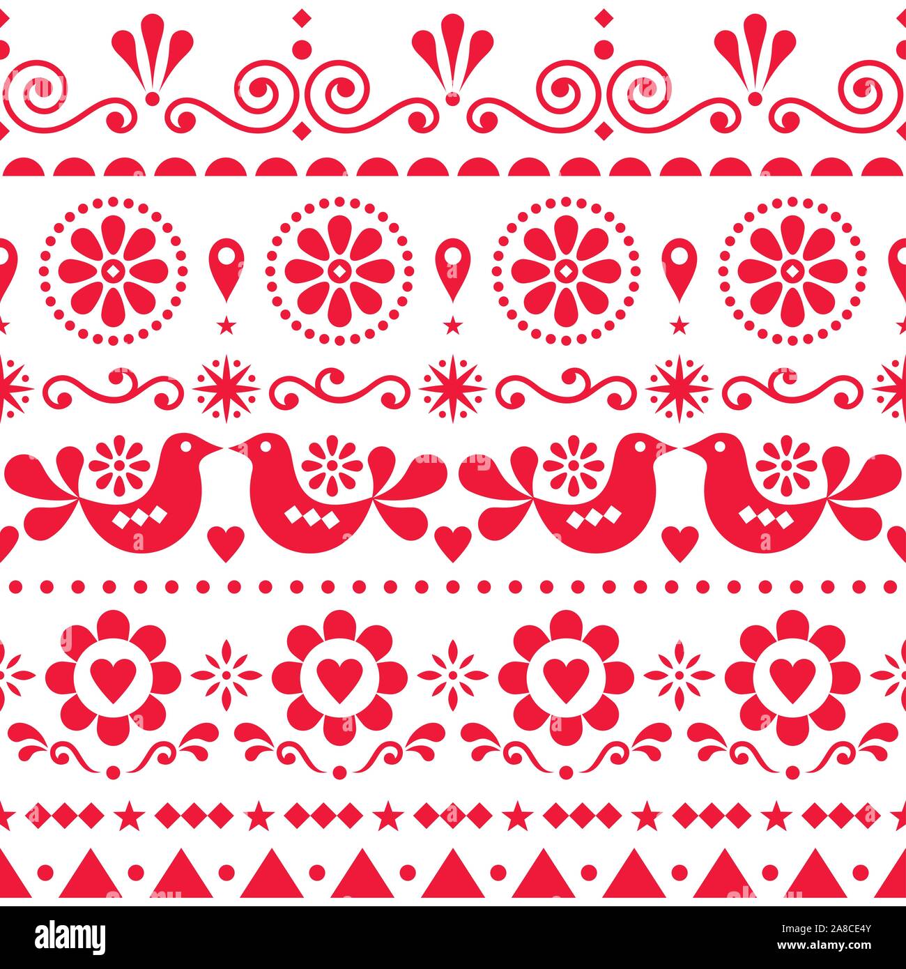 Seamless Scandinavian olk art vector pattern, cute repetitive design with birds and flowers Stock Vector