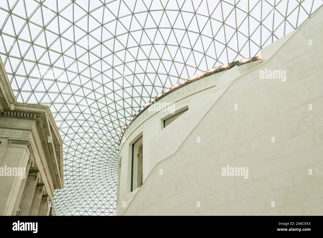 Inside the Queen Elizabeth II Great Court at the British Museum with its spectacular glass roof in London, UK Stock Photo