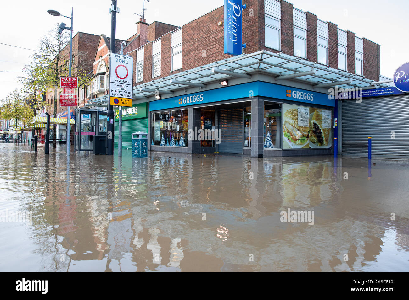 Worksop, UK. 8th November 2019. Flooding in Worksop, UK, following heavy rain which caused the River Ryton to burst it's banks. Credit: Andy Gallagher/Alamy Live News Stock Photo