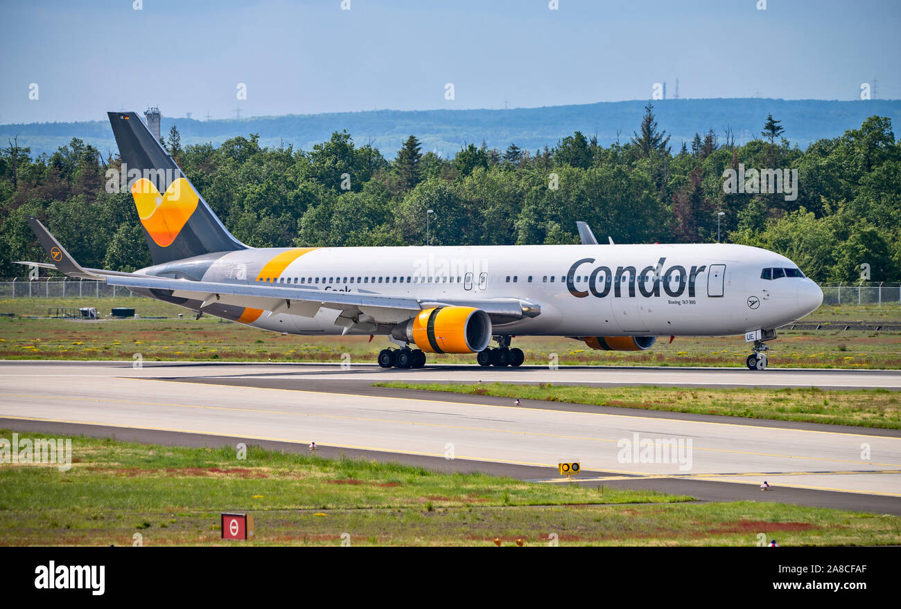 Frankfurt, Hesse / Germany - May 19 2019Airplane of Condor (Boeing 767-300 - D-ABUE) on the northwest runway of Frankfurt airport Stock Photo