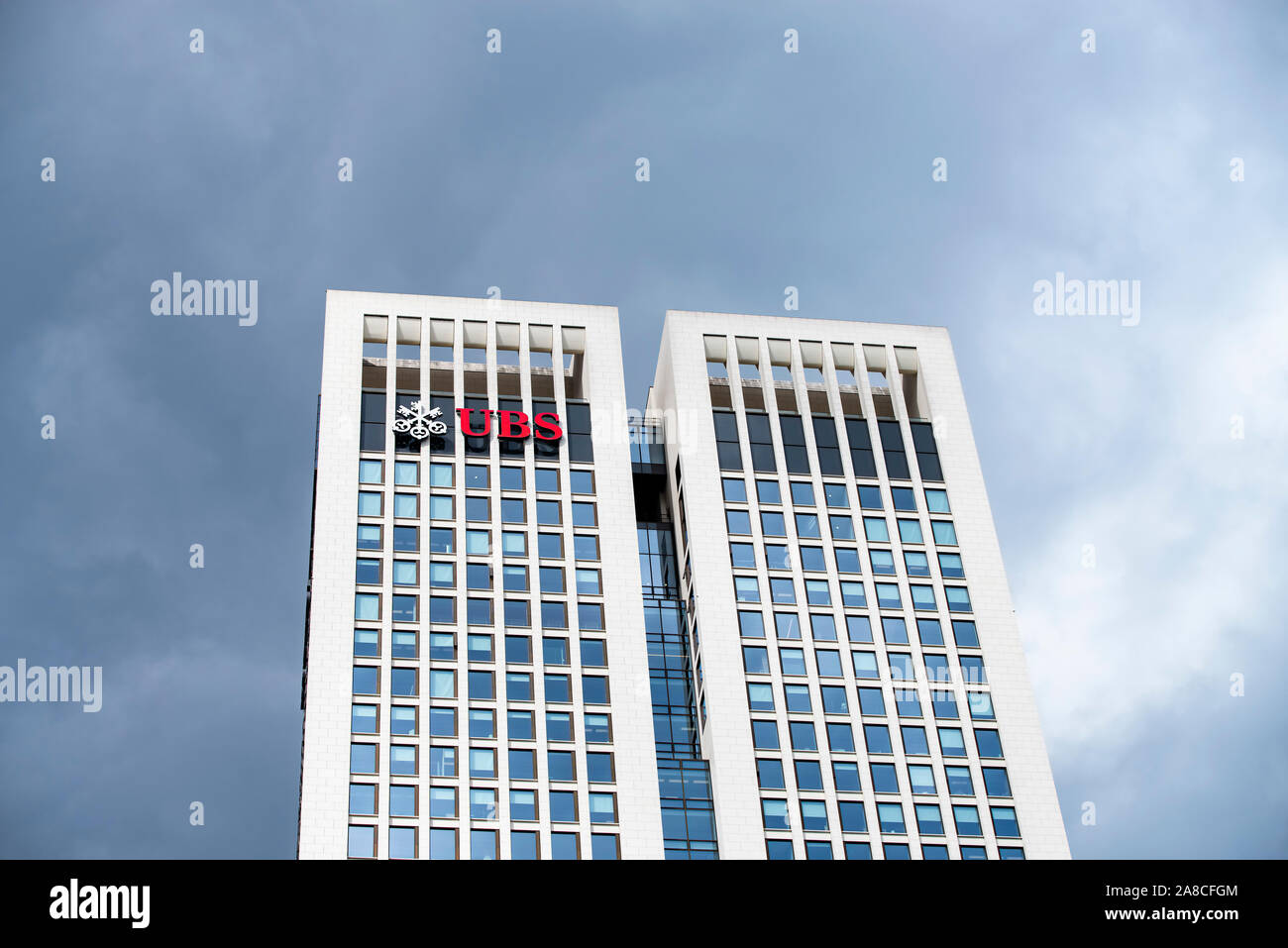 The twin towers of the Opernturm with logo of the Swiss bank UBS in Frankfurt Stock Photo