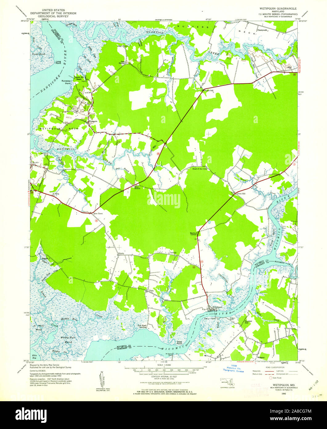 USGS TOPO Map Maryland MD Wetipquin 256997 1942 24000 Stock Photo Alamy