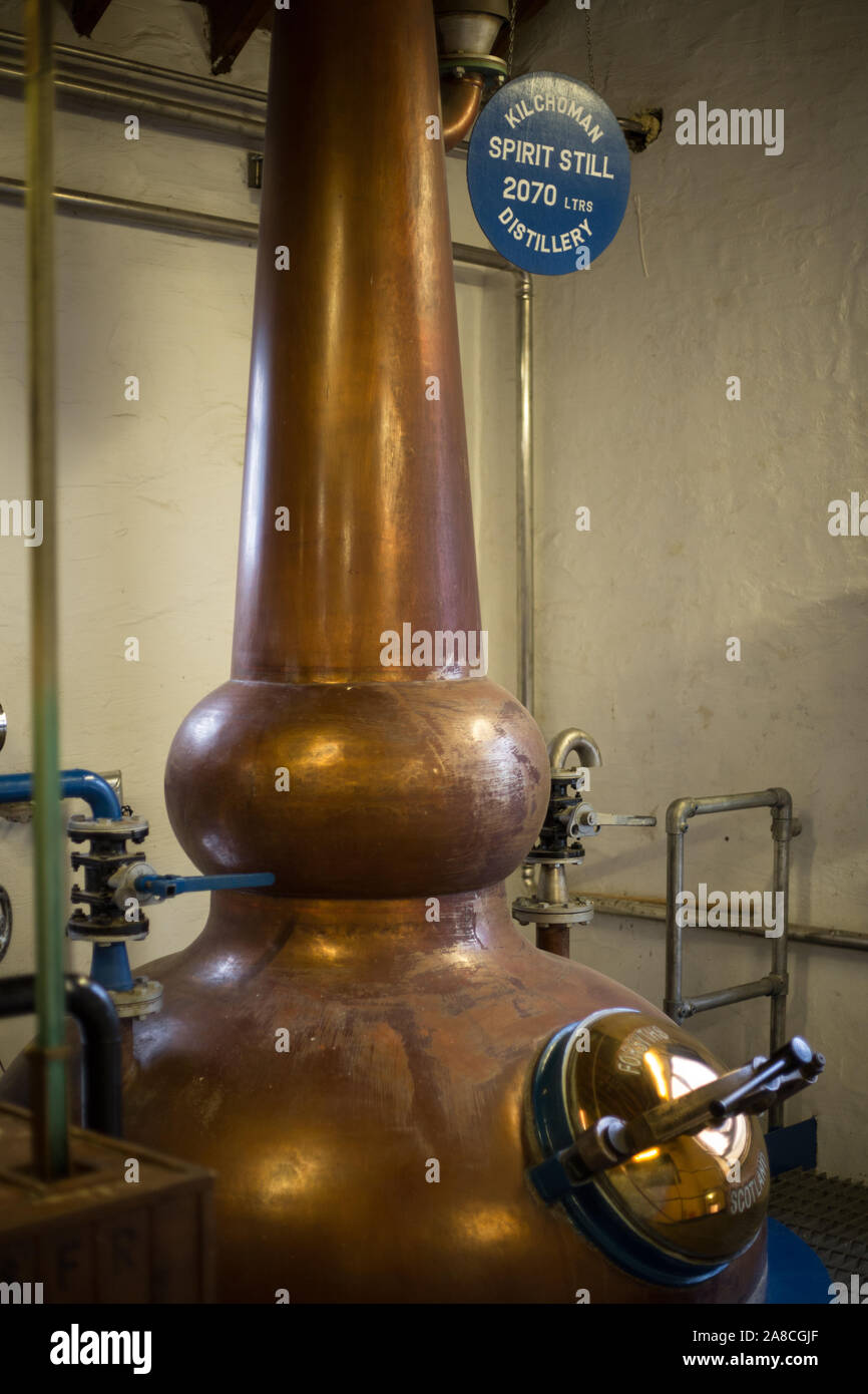 In the distillery still room at Kilchoman single malt whisky distillery, on Islay, Scotland, 16 October 2019. Stock Photo