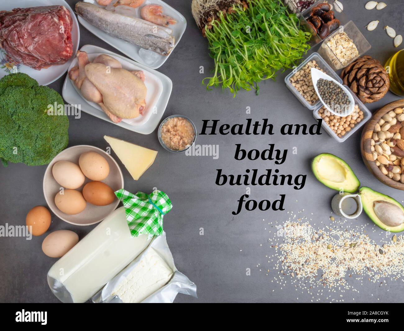 High protein food meat, fish, poultry, nuts, dairy products, eggs