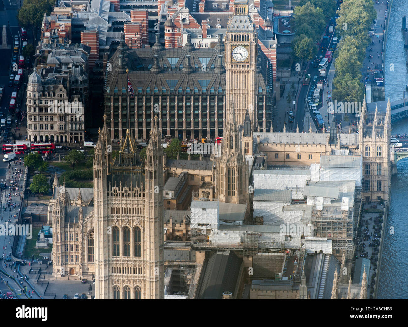 Work has begun on the 6 billion pound restoration and repair project on Houses of Parliament. The Joint Committee on the Palace of Essential renovations  is forecast to take eight years to complete.  15/09/2016 Stock Photo