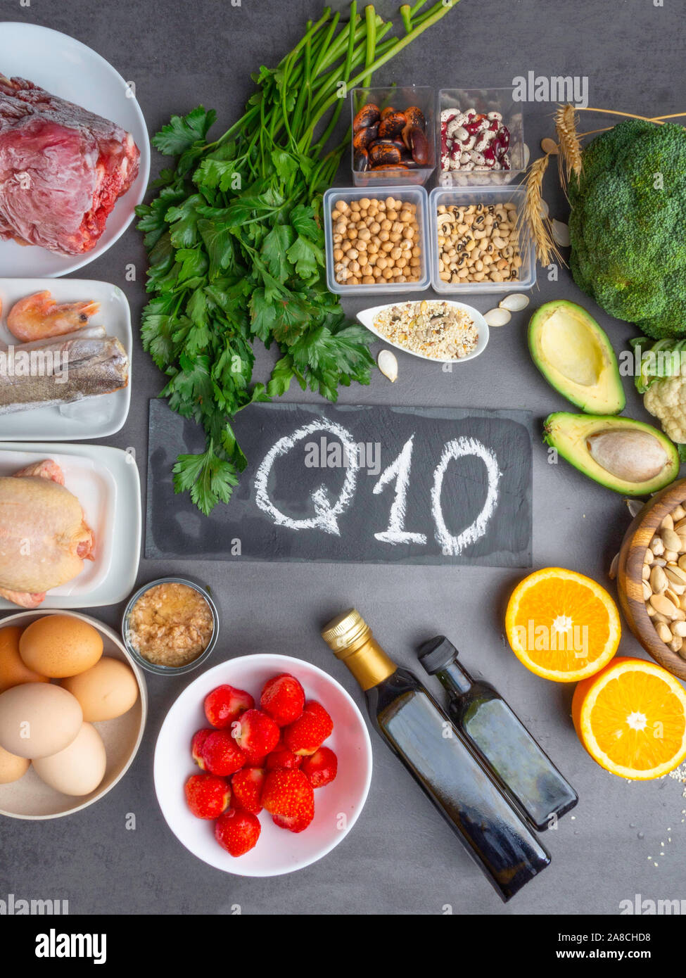 Composition with food contains coenzyme Q10, antioxidant, produce