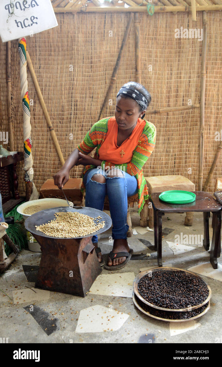 A young Ethiopian woman roasting coffee beans in preparation of