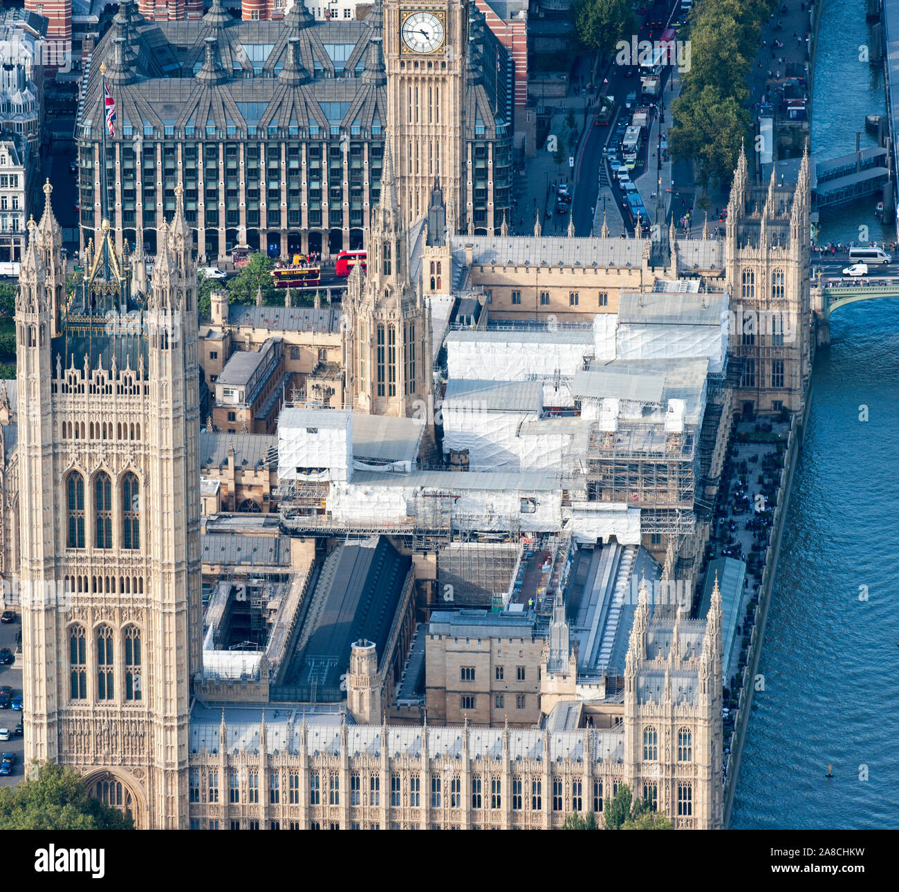 Work has begun on the 6 billion pound restoration and repair project on Houses of Parliament. The Joint Committee on the Palace of Essential renovations  is forecast to take eight years to complete.  15/09/2016 Stock Photo