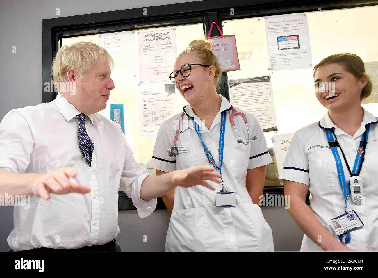 Prime Minister Boris Johnson meets staff and nurses during a visit to King's Mill Hospital in