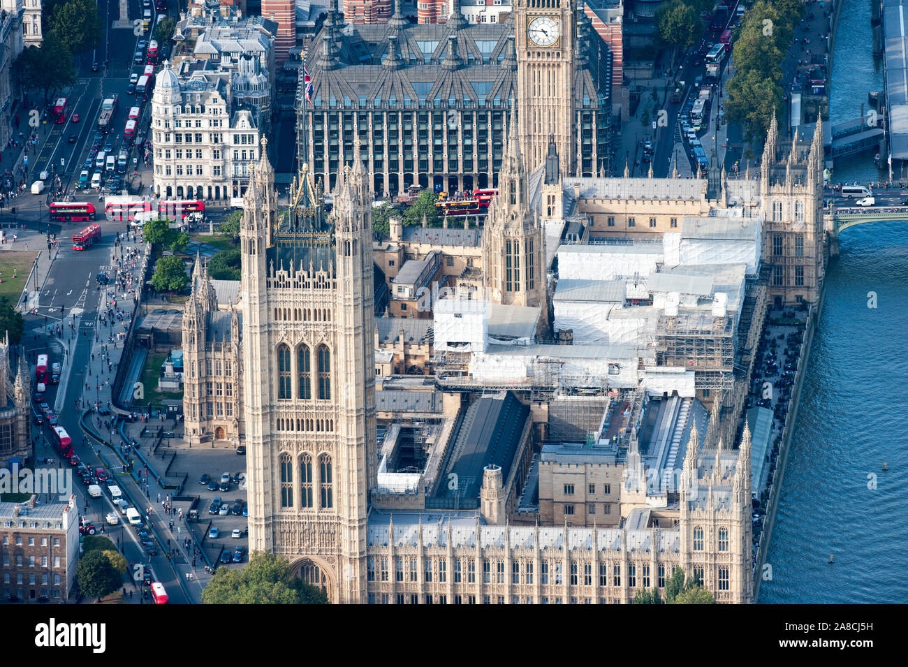 Work has begun on the 6 billion pound restoration and repair project on Houses of Parliament. The Joint Committee on the Palace of Essential renovations  is forecast to take eight years to complete.  15/09/2016 Stock Photo