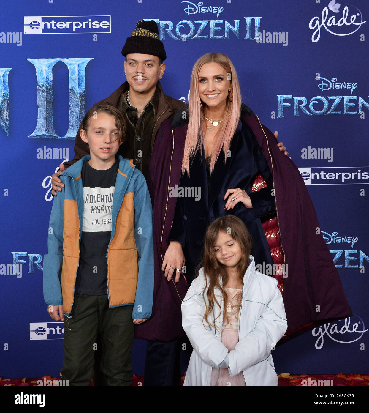 Los Angeles, United States. 07th Nov, 2019. Ashlee Simpson and her husband Evan Ross pose with their daughter Jagger Snow Ross and her son Bronx Wentz during the premiere of the animated musical comedy 'Frozen II' premiere at the Dolby Theatre in the Hollywood section of Los Angeles on Thursday, November 7, 2019. Storyline: Anna, Elsa, Kristoff, Olaf and Sven leave Arendelle to travel to an ancient, autumn-bound forest of an enchanted land. They set out to find the origin of Elsa's powers in order to save their kingdom. Photo by Jim Ruymen/UPI Credit: UPI/Alamy Live News Stock Photo