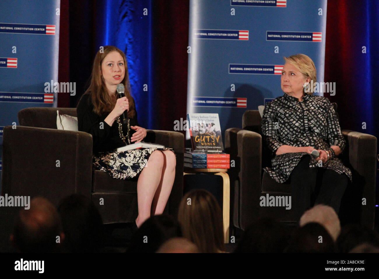 Authors Chelsea and Hillary Clinton promote their new book called "Gutsy Women" at the National Constitution Center in Philadelphia, Pennsylvania Featuring: Chelsea Clinton, Hillary Clinton Where: Philadelphia, Pennsylvania, United States When: 07 Oct 2019 Credit: W.Wade/WENN Stock Photo