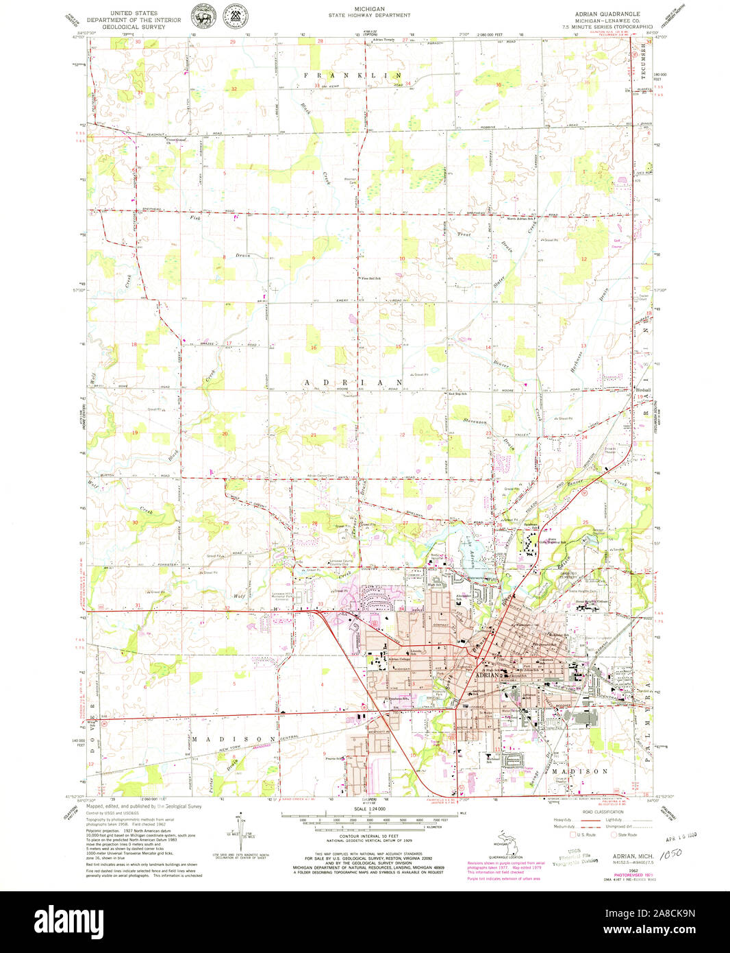 USGS TOPO Map Michigan MI Adrian 275482 1962 24000 Stock Photo