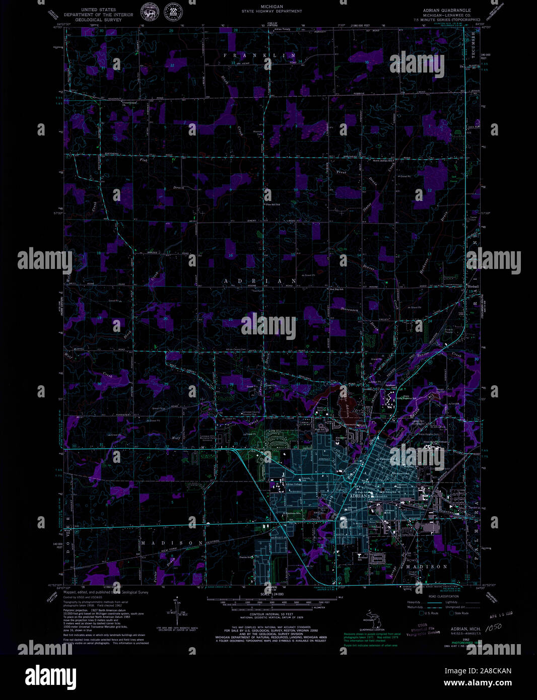 USGS TOPO Map Michigan MI Adrian 275482 1962 24000 Inverted Stock Photo