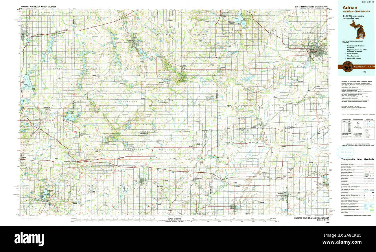 USGS TOPO Map Michigan MI Adrian 278620 1990 100000 Stock Photo