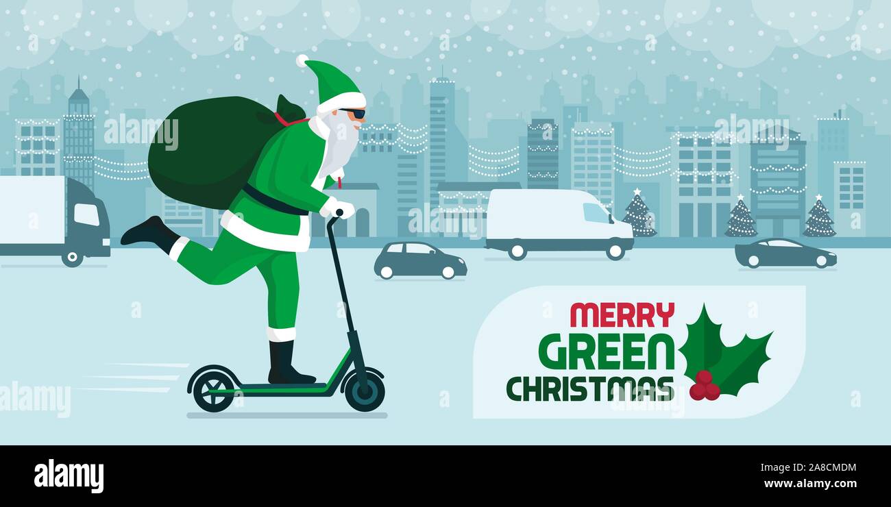 Eco friendly green Santa carrying gifts on a kick scooter in the city street on Christmas, sustanability and technology concept Stock Vector