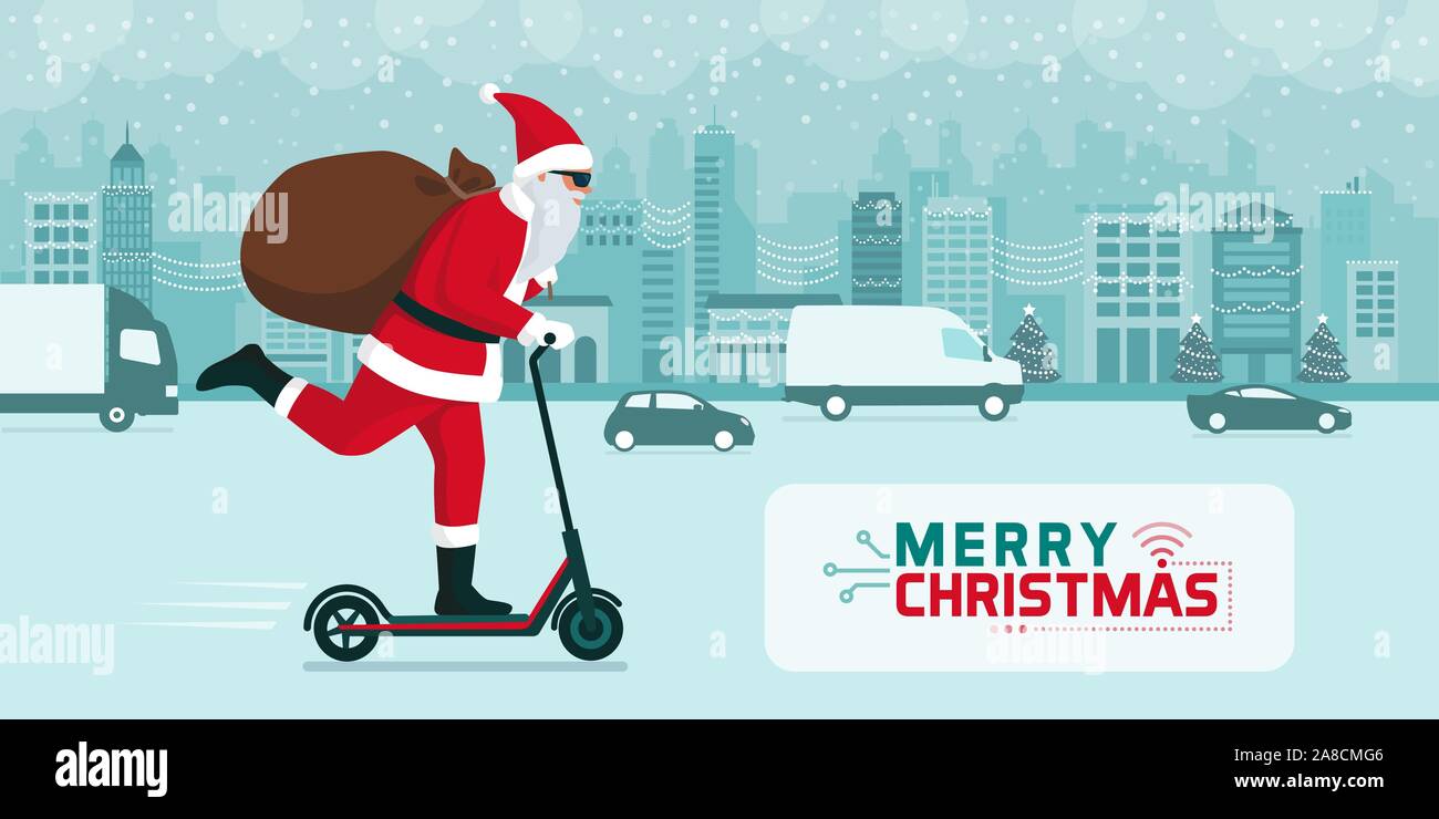 Futuristic Santa Claus carrying gifts on a electric kick scooter in the city street at Christmas Stock Vector
