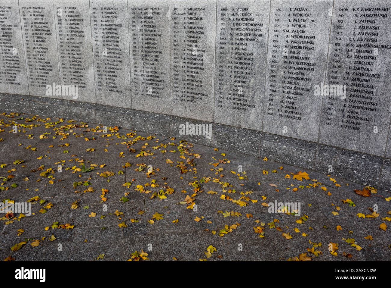 Among autumn leaves are the names of fallen WW2 Polish air crew at the Polish War Memorial, on 6th November 2019, in South Ruislip, Northolt, London, England. The Polish War Memorial is in memory of airmen from Poland who served in the Royal Air Force as part of the Polish contribution to World War II. The memorial was designed by Mieczyslaw Lubelski, who had been interned in a forced labour camp during the war. It is constructed from Portland stone with bronze lettering and a bronze eagle, the symbol of the Polish Air Force. The original intention was to record the names of all those Polish a Stock Photo